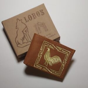 Mexican Leather Wallet Embroidered Rooster Chicken Tan Bifold Wallet